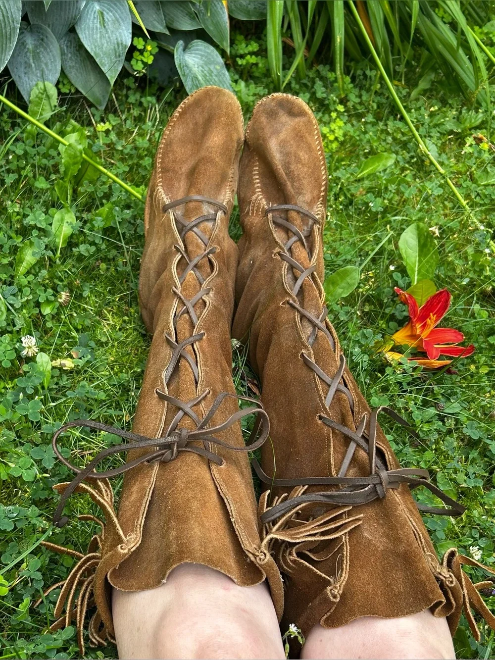 Vintage 70s Brown Suede Leather Lace-Up Fringe Knee-High Moccasins Boots